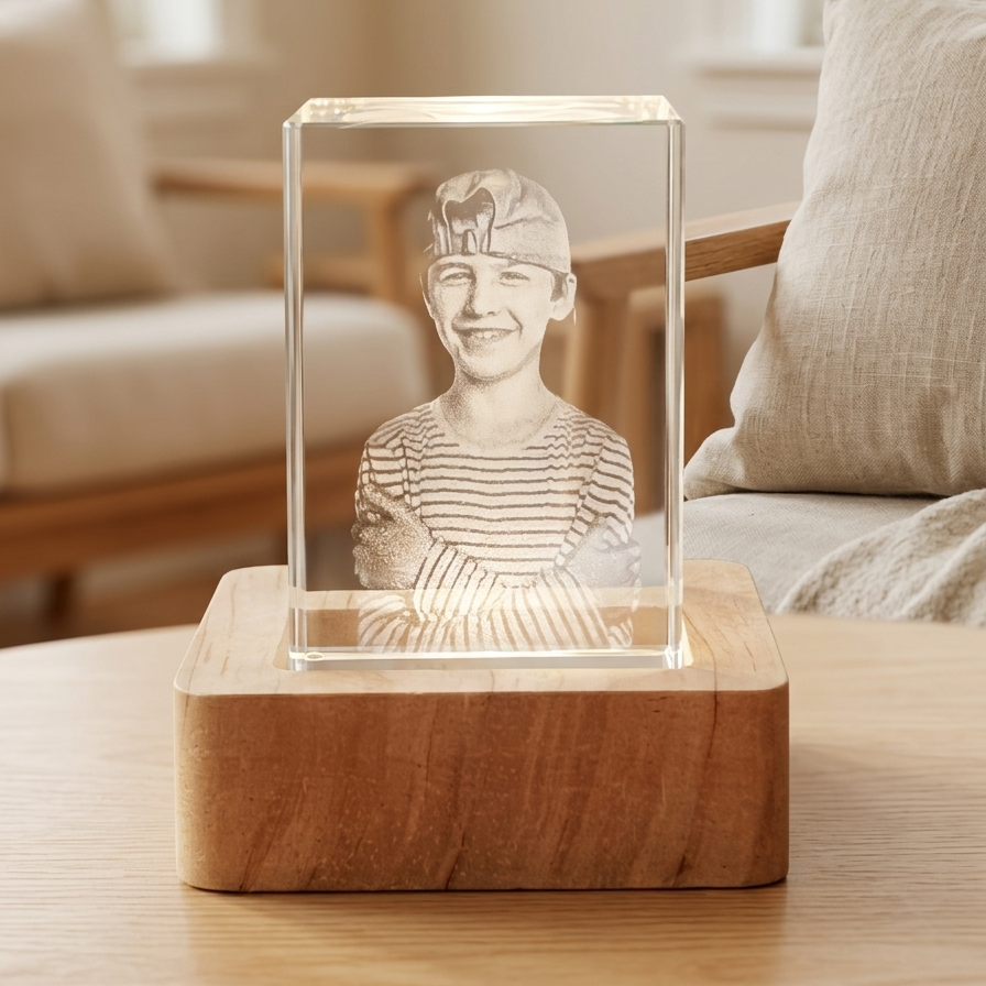 Foto Glasinnengravur – Personalisierter Kristall mit LED-Sockel