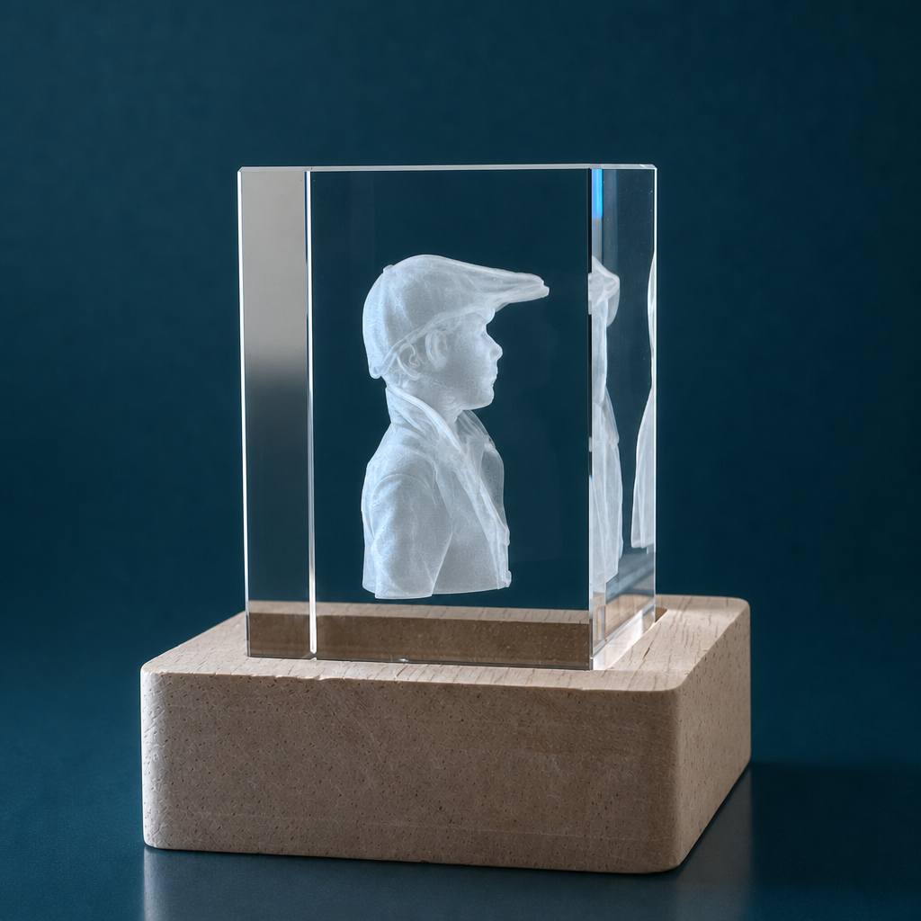 Kristall 3D Glasinnengravur – Mit LED-Sockel personalisiert